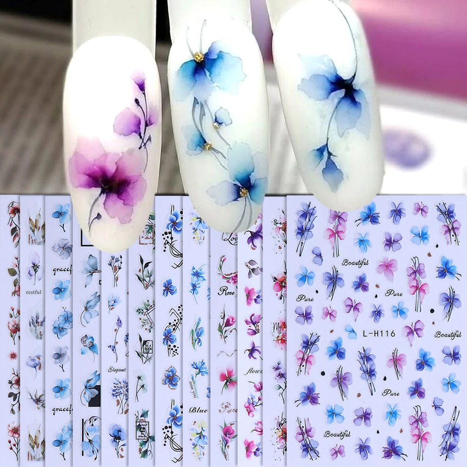 Nail Stickers 12pcs 3D Geometry Flower Leaf Summer Ink Blooming Flowers Decal Slider For Nail Art Supplies Manicure Decoration