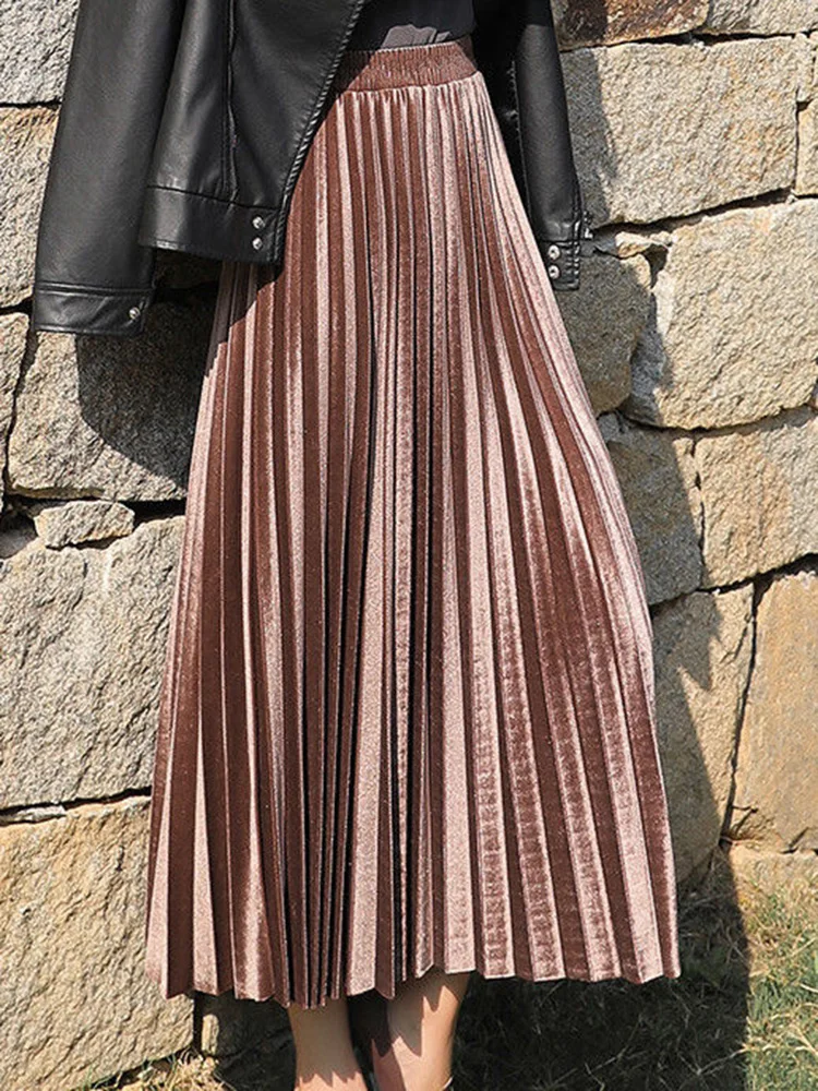 Fashion Pleuche Pleated Skirt Autumn Women Elastic High Waisted Mid Length A-line Long Gothic Mujer Dance