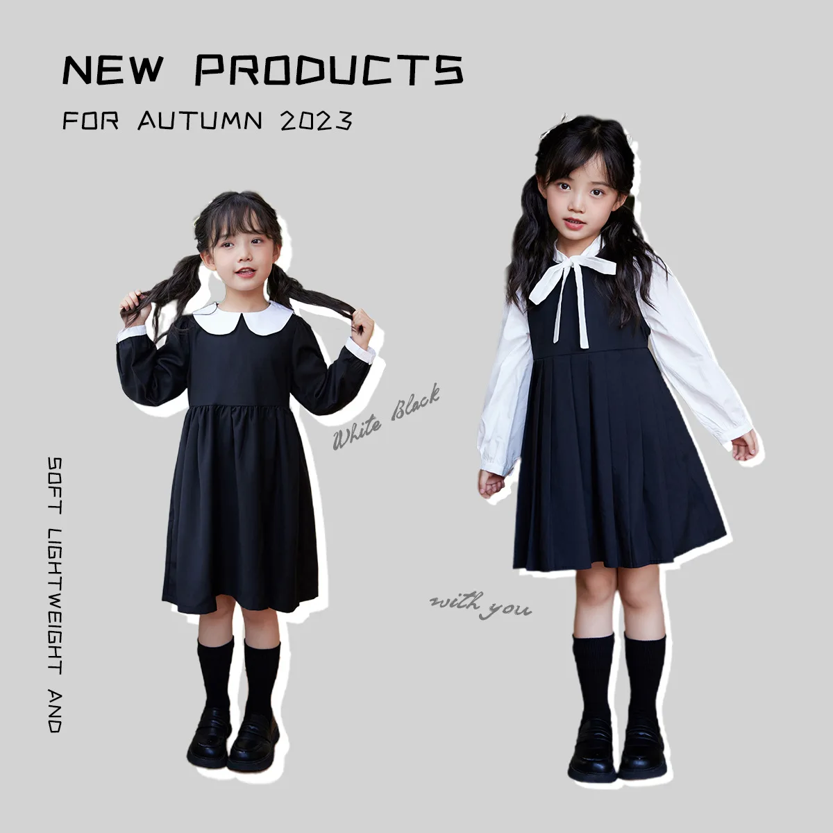 Girls Black School Dress 2023 Fall New Baby Girl Long Sleeve  