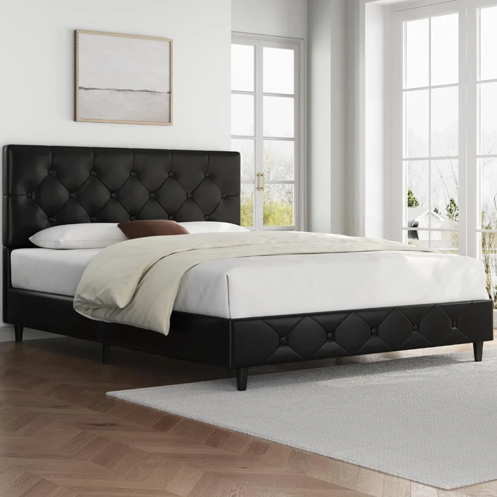 

Large bedstead artificial leather cushion platform integrated headboard, classic button tufting design/wood Flat noodles support