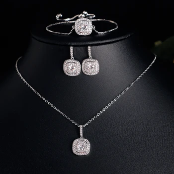 ZAKOL 3 Pcs Brilliant Micro Paved Zirconia Square Earring/ Necklace/Bracelet Jewelry Set for Women Gorgeous Wedding Jewelry 1