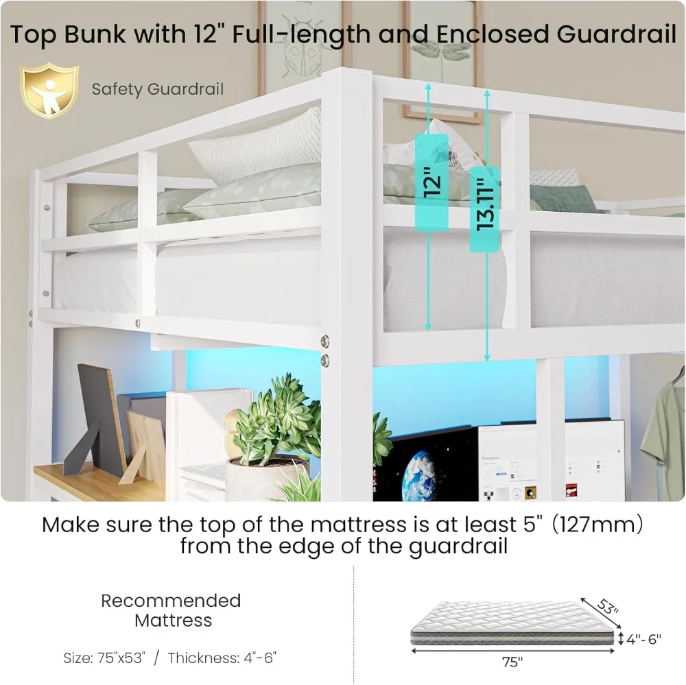 Full Size Loft Bed with L-Shaped Desk, LED Lights, Charging Station & Storage for Teens/Adults