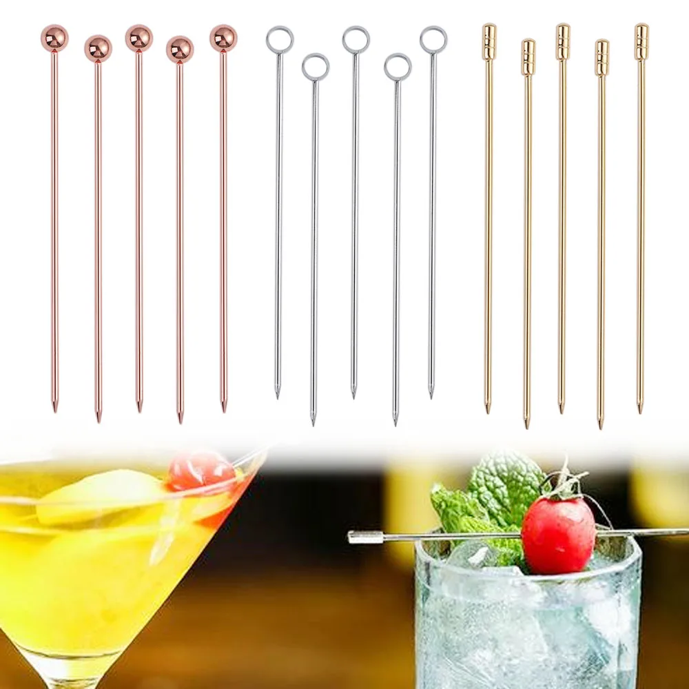 

5Pcs Stainless Steel Cocktail Sticks Fruit Sticks Reusable Drink Picks Toothpicks for Drinks