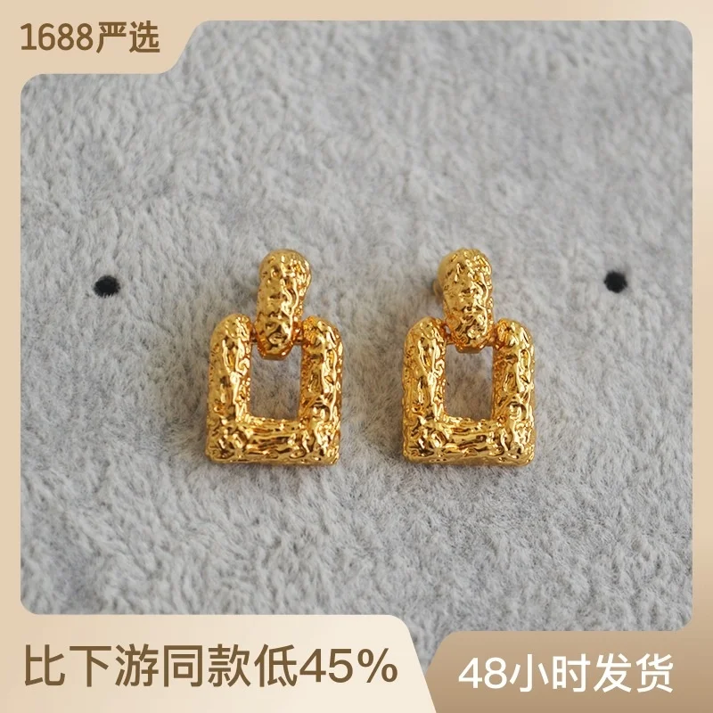 

Minority creative concave convex texture metal geometric box brass Gold Plated 925 silver needle Earrings