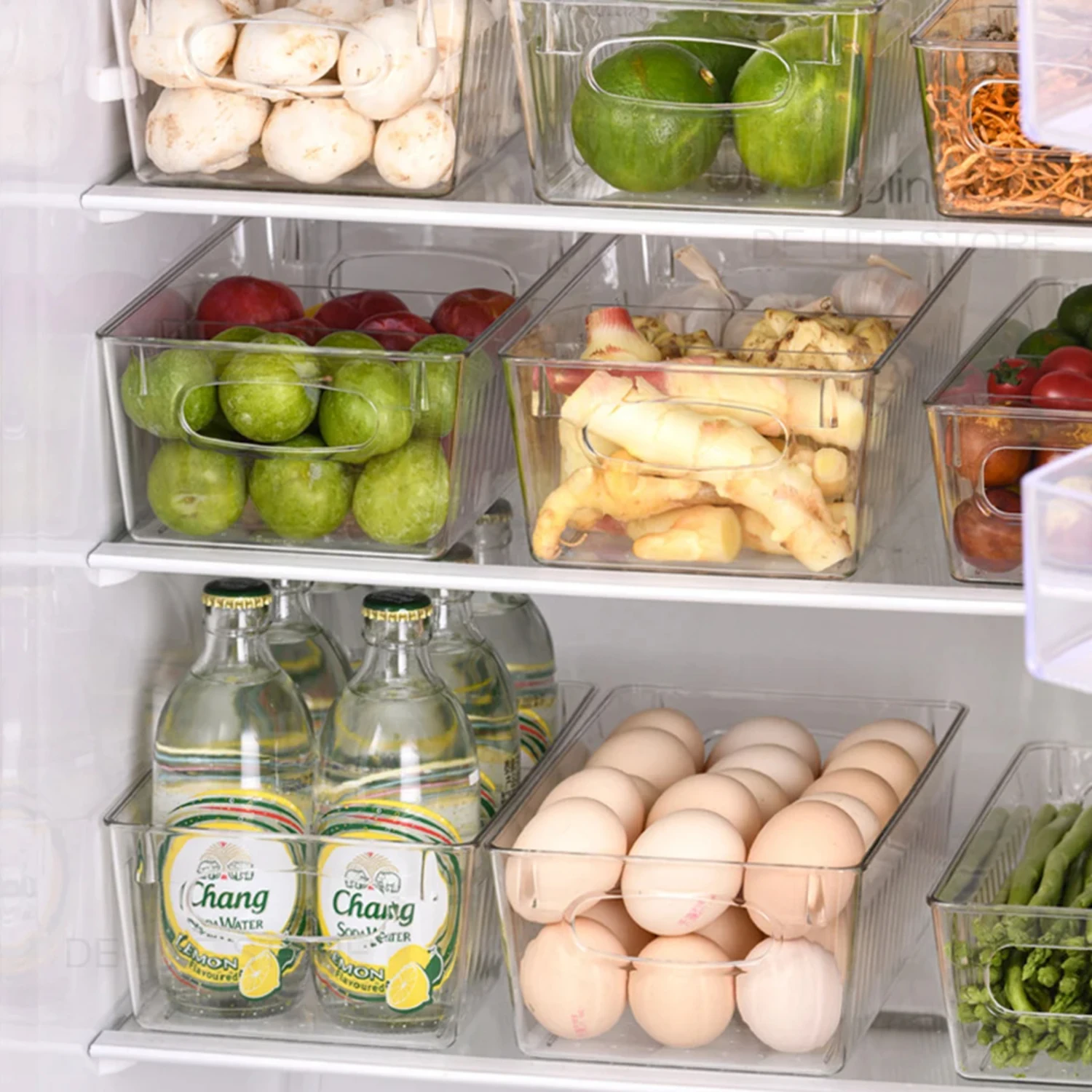 Plastic Refrigerator Food Box Organizer with Divider for Fruits-Kitchen Organization Storage Tray for Fresh Produce and Snacks