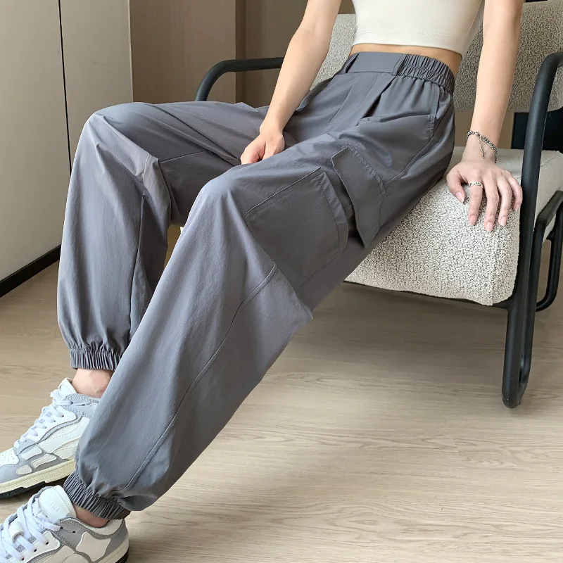 VOLEEMI Casual Joggers Tapered Cargo Harem Sweatpants Elastic Waistband Stretch Loose Fit Black Pants for Women,Girls,Students