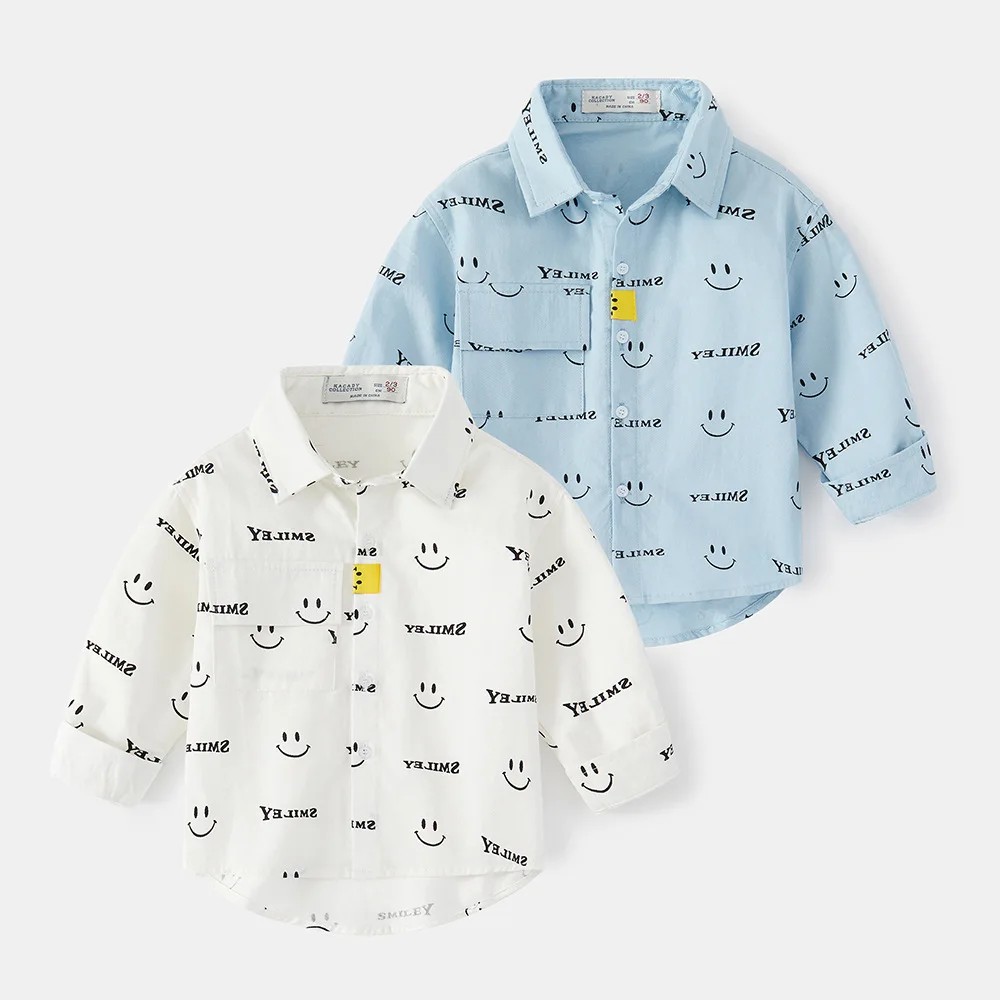 

Korean Boys Shirt Printed Smiling Face Spring And Autumn Long Sleeve Baby Top Pure Cotton Baby Boys Cardigan