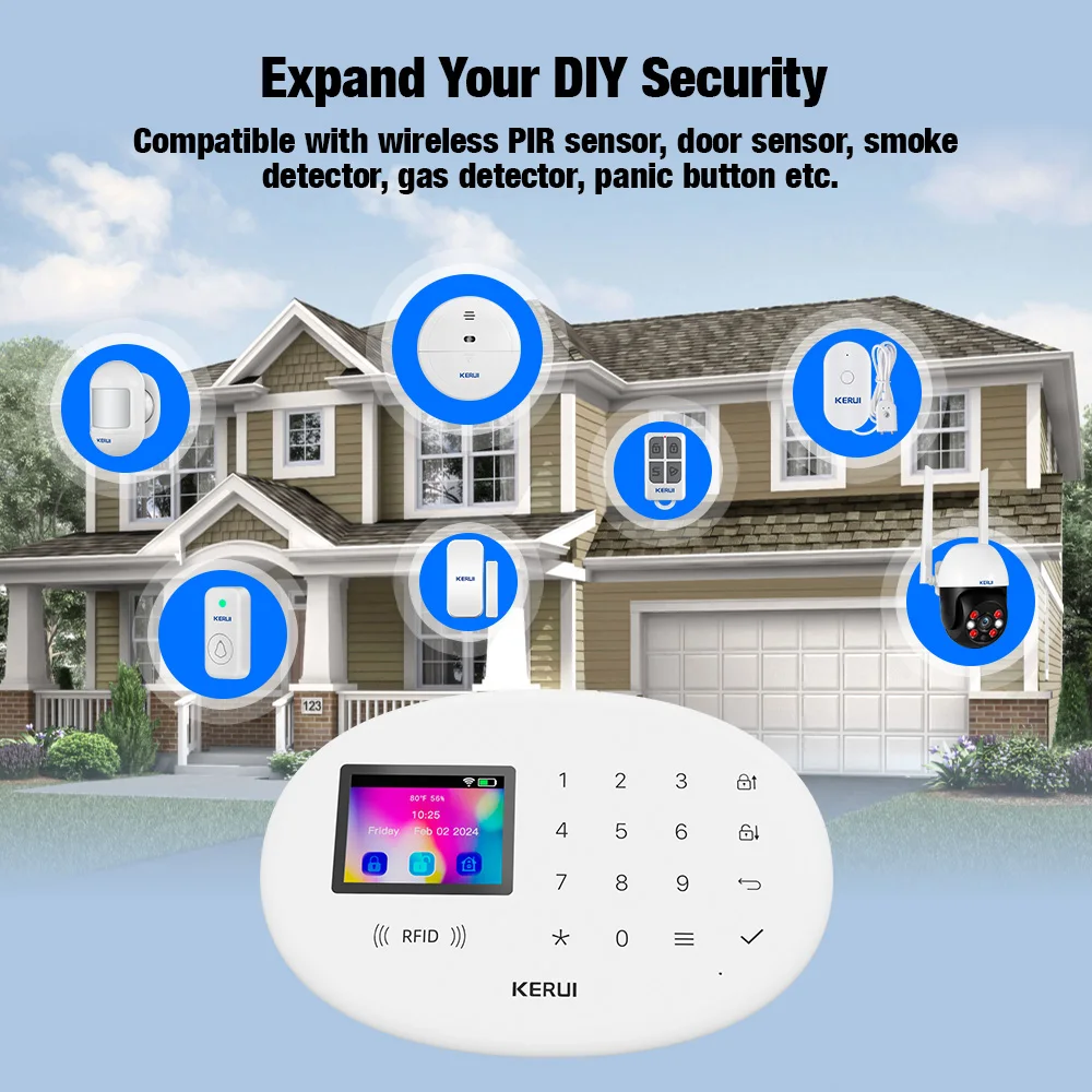 ระบบเตือนภัยอัจฉริยะ KERUI 4G Tuya รุ่น W204 สำหรับความปลอดภัยภายในบ้าน ชุดอุปกรณ์เตือนภัยไร้สาย WiFi GSM พร้อมไซเรน เซ็นเซอร์ตรวจจับความเคลื่อนไหว และเครื่องตรวจจับควัน 1