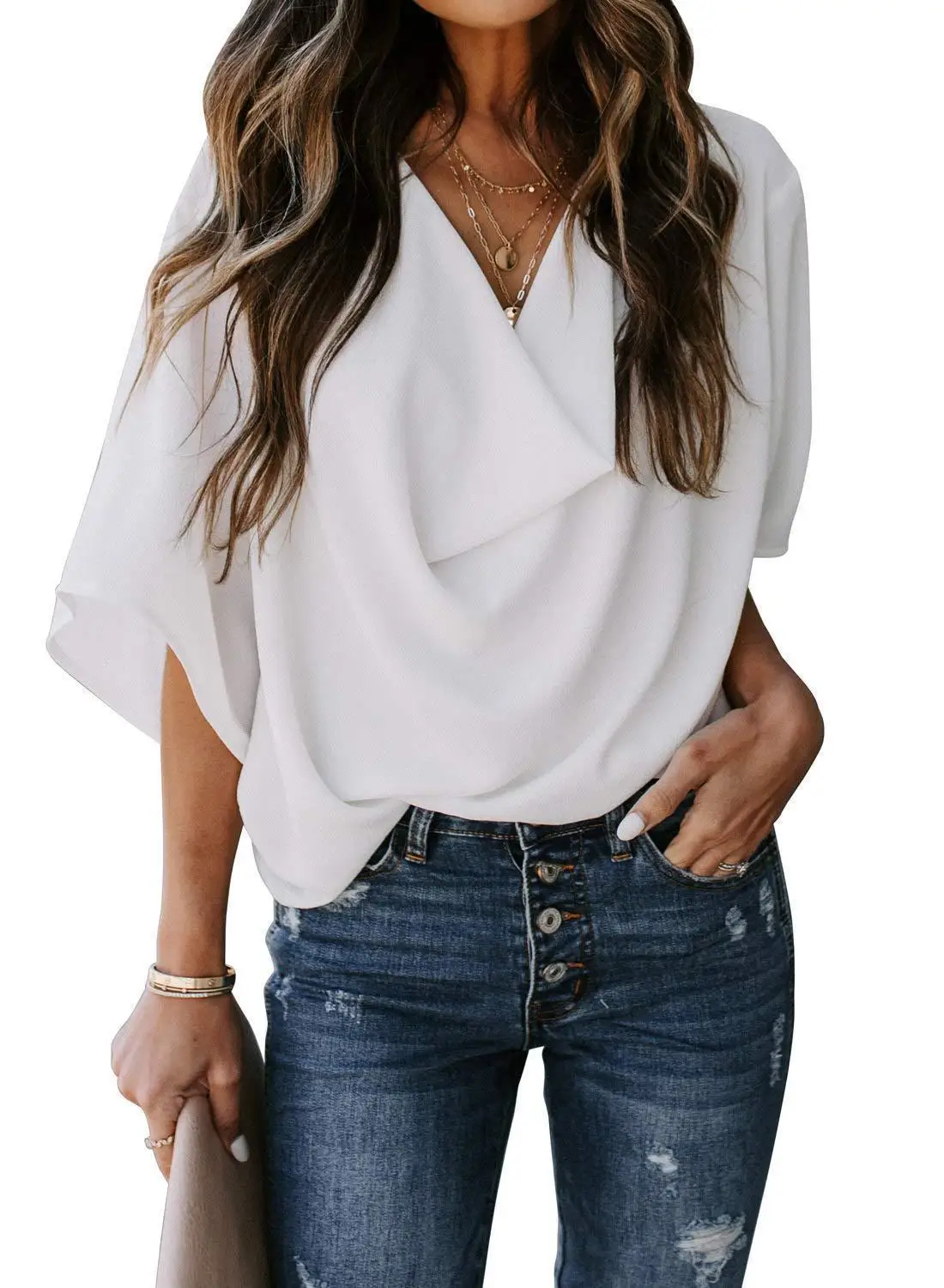 

Casual Flare Half Sleeve Loose White Blouse Elegant V-Neck Office Chiffon Shirt Fashion Solid Tops Summer Women Clothing 21444