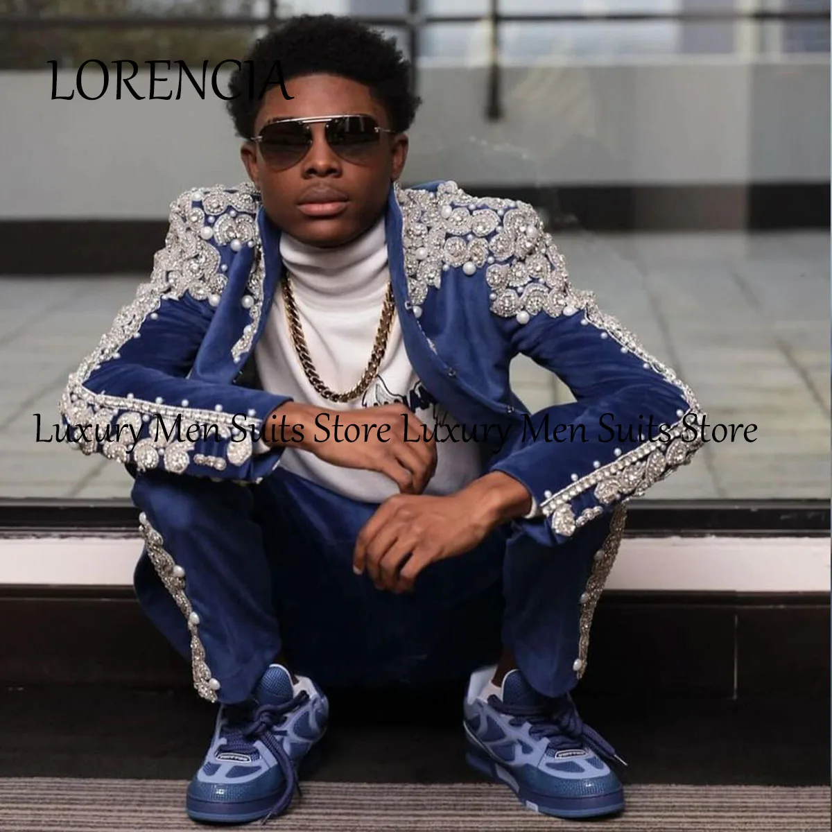Diamond Men Suit For Wedding Luxury Beaded Crystal Groom Wear Tuxedo 2 Pieces Male Prom Blazer Slim Fit Costume Homme