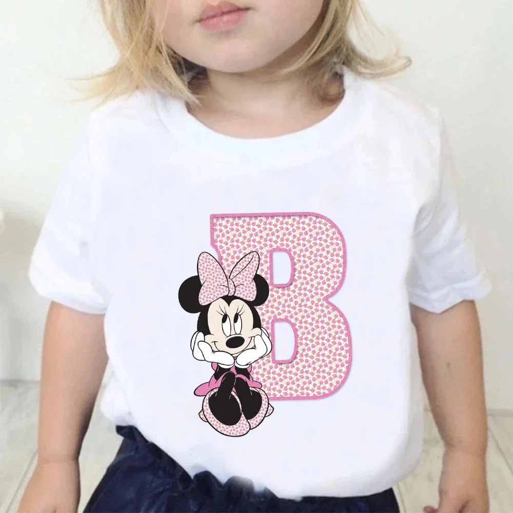 Minnie Children Cotton T-Shirts Letter A-Z Name Combination Disney Kawaii Cartoons Clothes Kids Little Boy Girl Tee Casual Tops 2