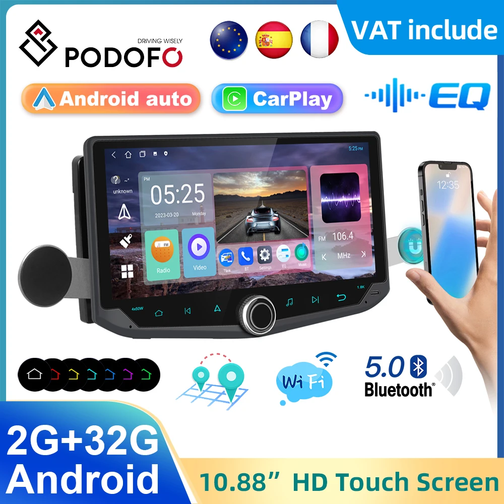 Podofo 2Din Android Car Stereo Radio 10.88 ''Display Versatile Wireless Carplay Android Auto Bluetooth Wifi Gps Ricevitore Radio Fm