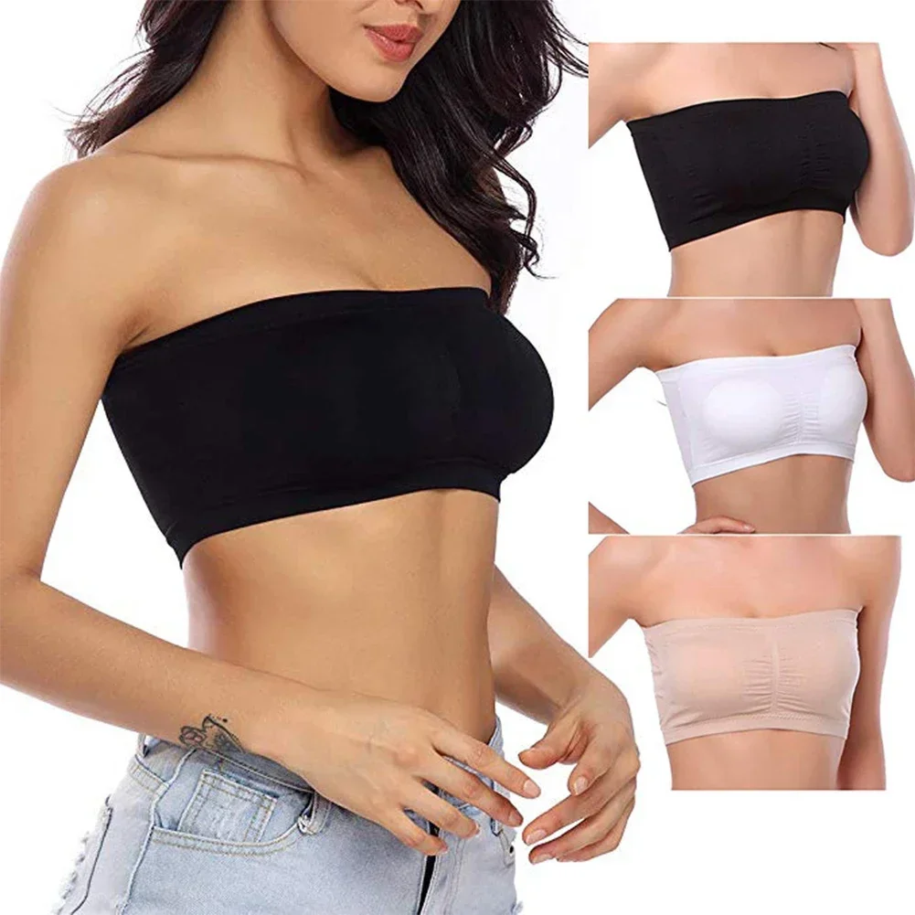 Women Lingerie Bra Women Tube Tops Double Layers Plus Size Strapless Bra Bandeau Tube Removable Padded Top Stretchy Seamless Bandeau Bra Boob Crop Spaghetti Strap