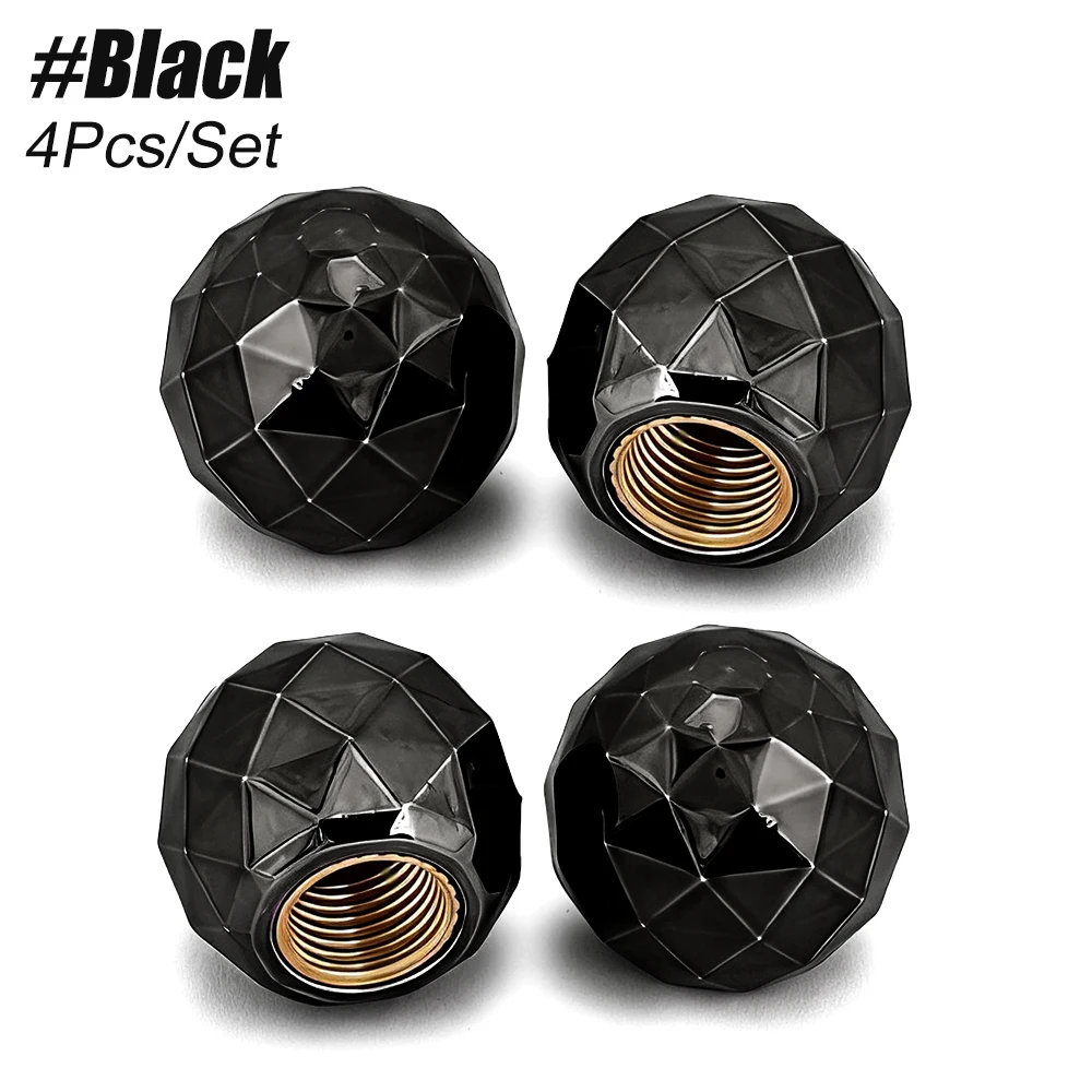 Diamond Ball Tire Valve Caps - Set of 4, Premium Black Dust Covers