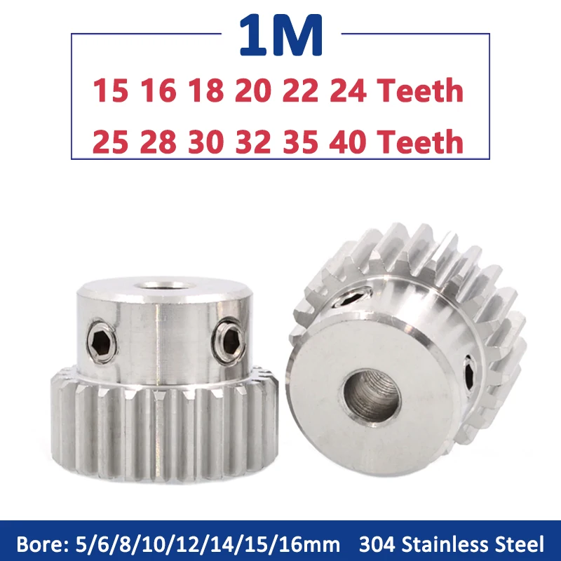 1pc 15T-40T 1M 304 Stainless Steel Spur Gear with Step 1 Module 15 16 18 20 22 24 25 28 30 32 35 40 Teeth Motor Gear Bore 5-16mm