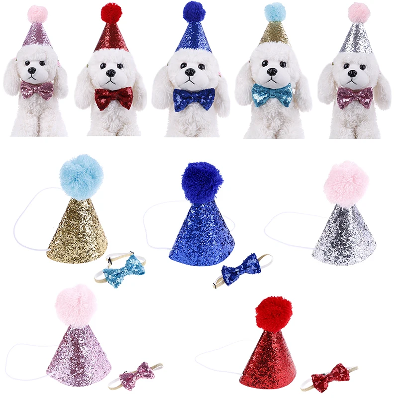 

1PC Cute Pet Supplies Cat Puppy Birthday Sequined Hat Tie Knot Bow Baby Children's Party Crown & Bow Tie Soft Cap