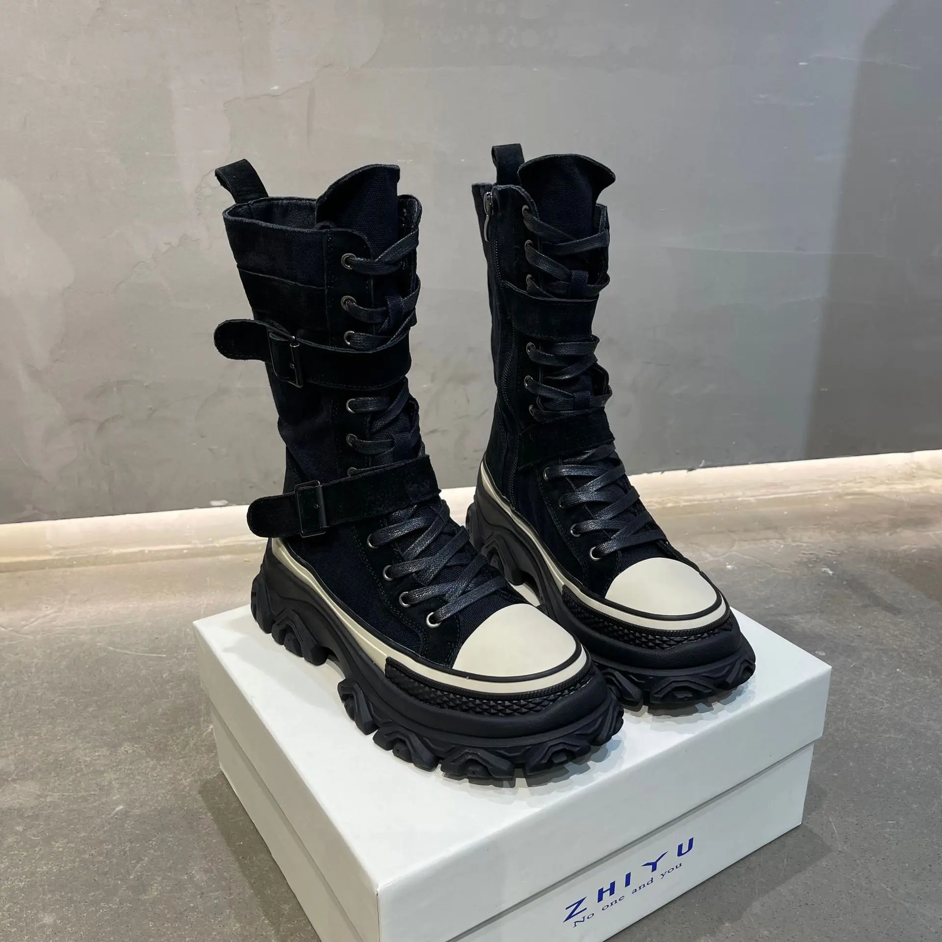 Women's Mid-Calf Leather Motorcycle Boots with Chunky Soles - true deals club