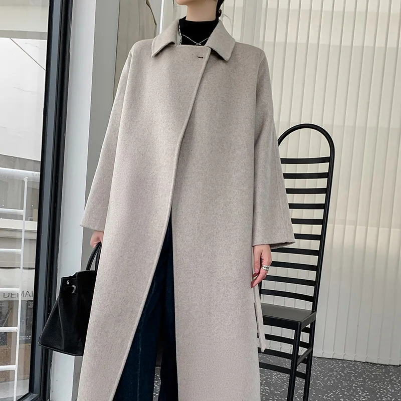 Autumn Winter New High End Double Sided Wool Coat Women's Polo Neck 100% Pure Wool Loose Medium Length Style Thickened Wool Coat