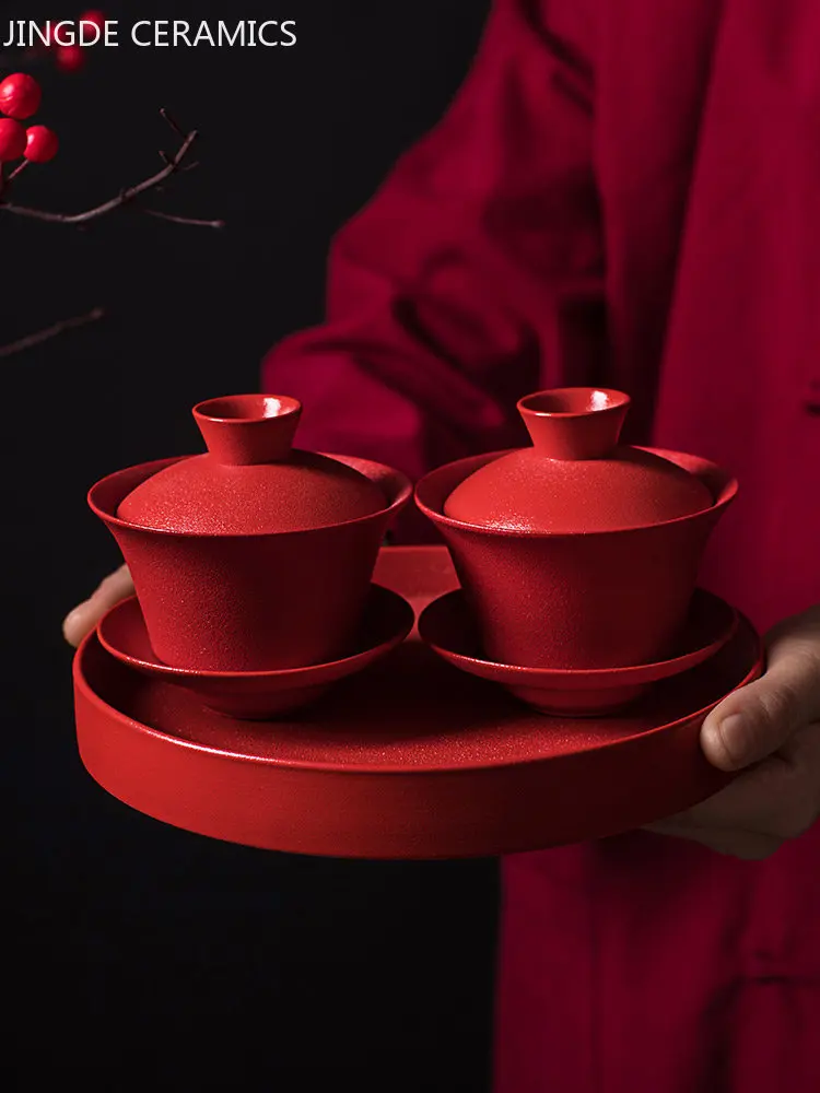 130ml Red Ceramic Gaiwan Chinese Wedding Tea Set Handmade Porcelain Teacup Home Beauty Tea Infuser Portable Cup with Lid