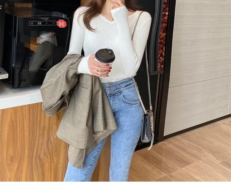 Women Slim V-Neck Bottoming Sweater Autumn Winter For Women Casual Pullovers Long Sleeve Knit Warm Office Sweater