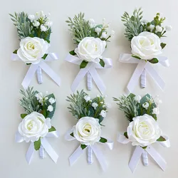 Boutonniere Corsage Wedding Flowers Artificial Silk Roses White Bracelet Bridesmaid Men Buttonhole Guests Marriage Accessories