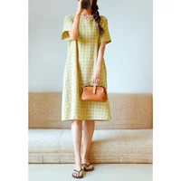 2026 New Summer Short Sleeve Sleeping Skirt 100% Cotton Yarn Weaving Jacquard Loose Pullover Mid length Plaid Skirt Home Dress - Image 4