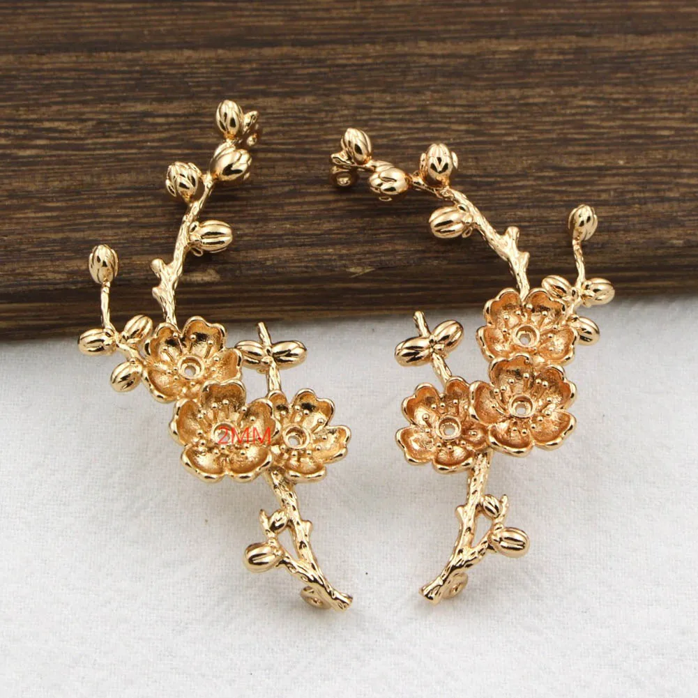 겨울 꽃 가지 펜던트 참, 2 루프 커넥터, 61x25mm, 품질 황동 캐스팅 KC 골드 도금 DIY 헤어 쥬얼리, 6 쌍