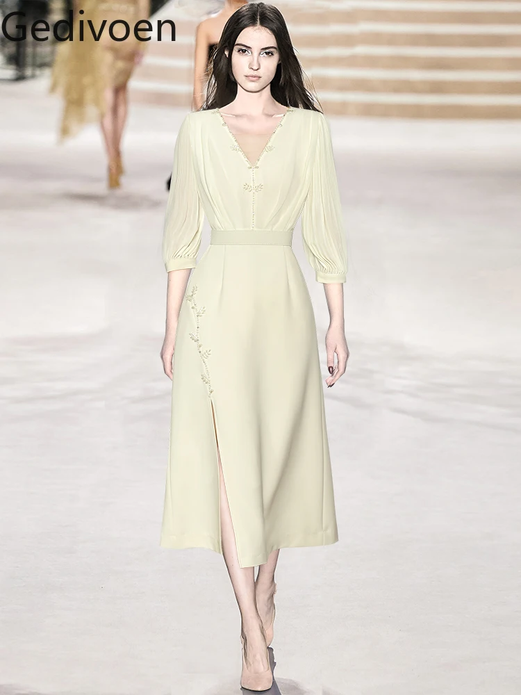 

Gedivoen Summer Fashion Runway Designer Dresses Women's Solid Color Temperament Handmade Pearl Diamond Side Split Dresses