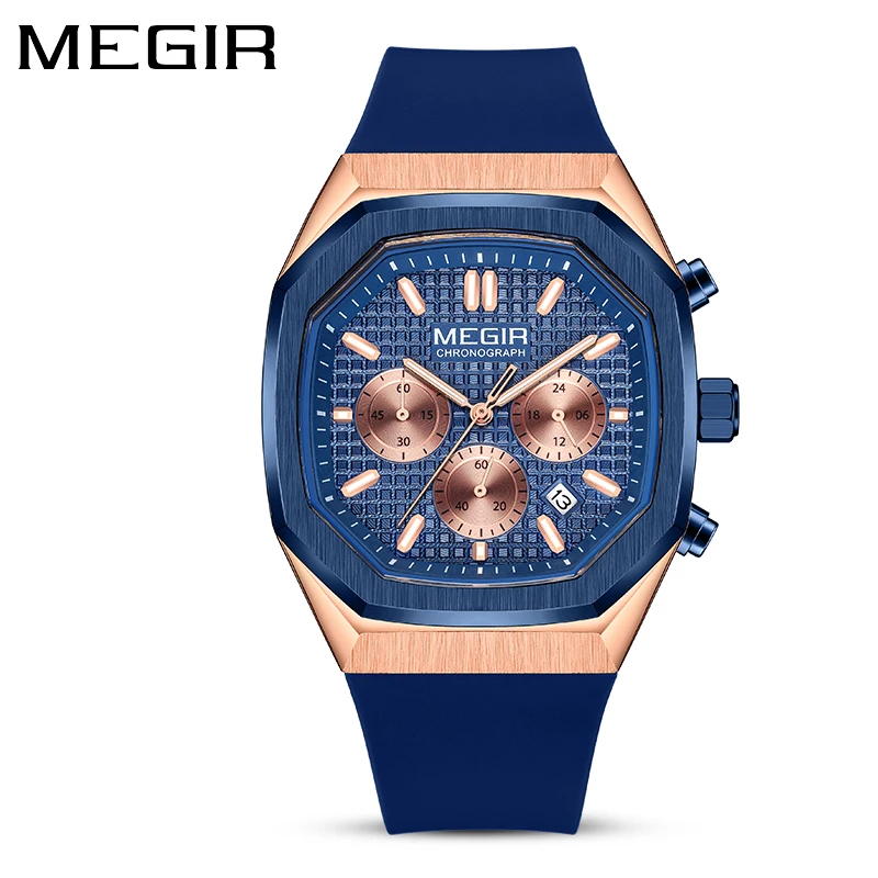 MEGIR Brand New Sport Chronograph Watch Men Silicone Waterproof Fashion Square Luxury Quartz Watches Mens Relogio Masculino
