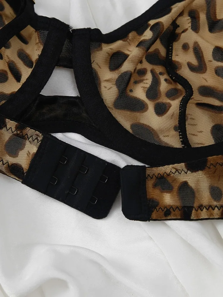 Sexy Lingerie Briefs Underwire Bra Set Leopard Print Mesh Sheer Slim Lingerie Thong Women Large Size Bralette with Pants Suit