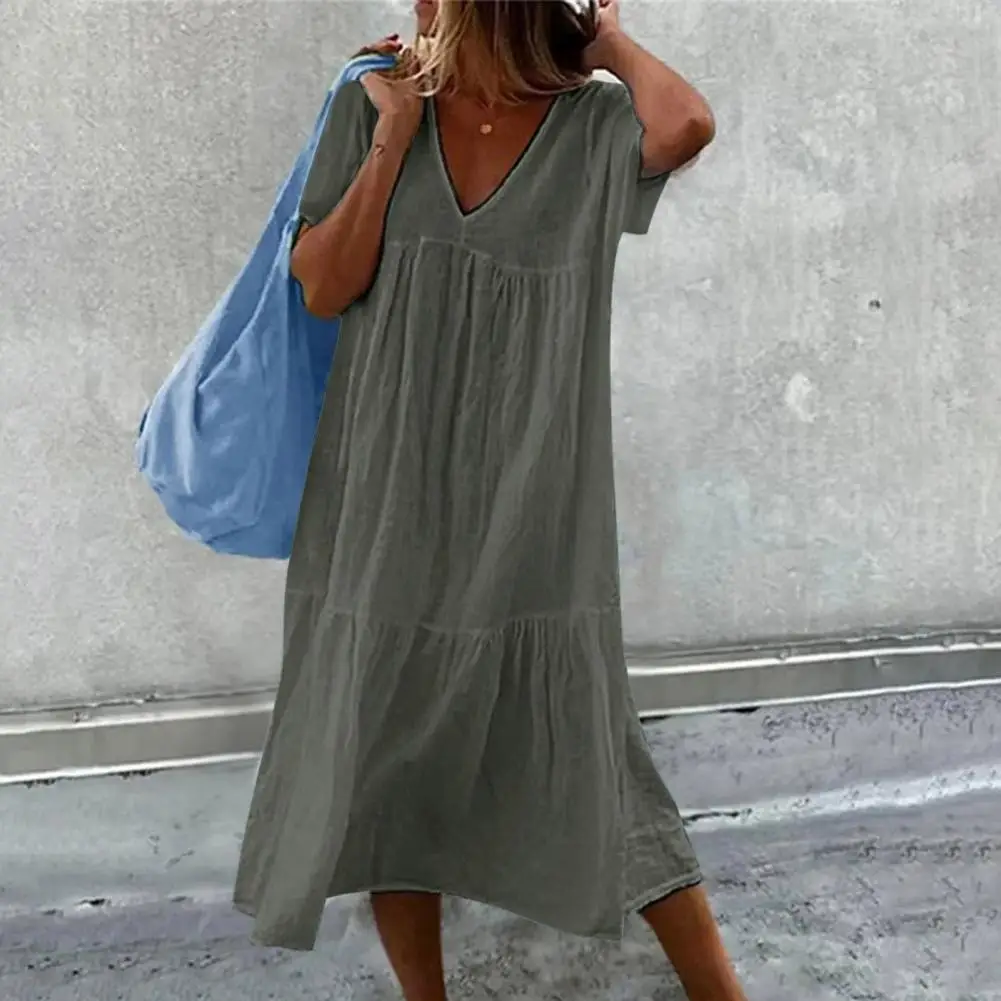 

V-neck Pleated Dress Chic A-line V Neck Summer Dress Pleated Patchwork Mid-calf Length Wear for Ladies Mid-length Women Dress