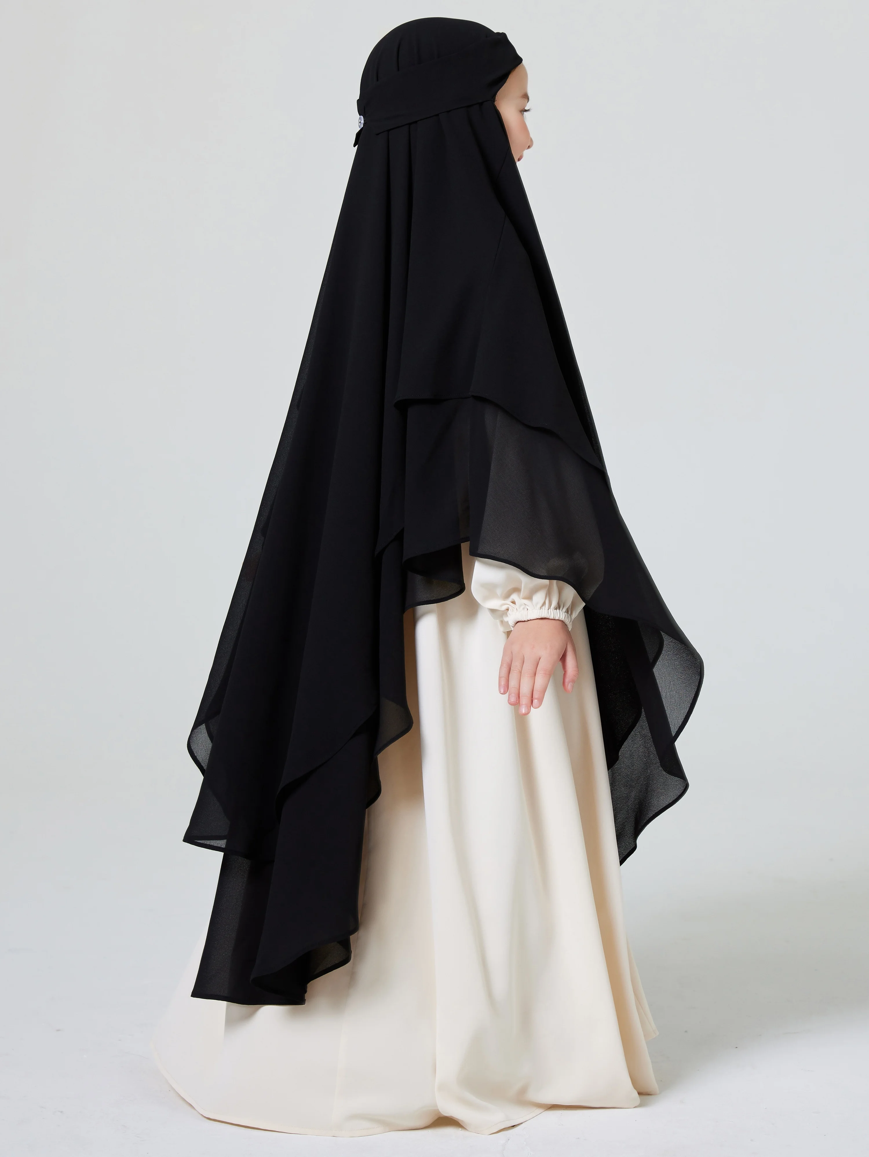 Ramadan Middle Eastern Muslim Girls Hijab Button Front and Back Double Chiffon Big Circle Swing Khimar