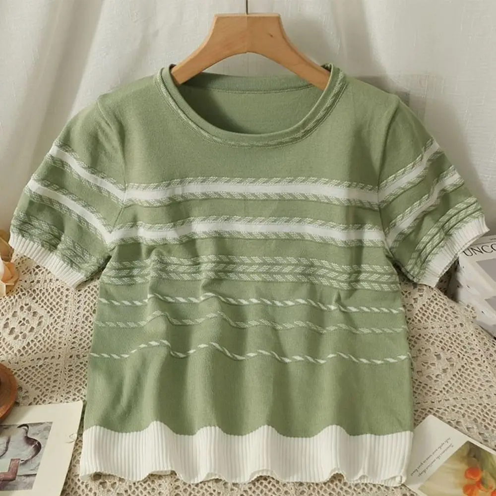 Fashion Ins Short Sleeve Crop Top Loose Summer Stripe Knitted T-shirt Female Clothing Bottoming Shirt Knitwear Women Summer