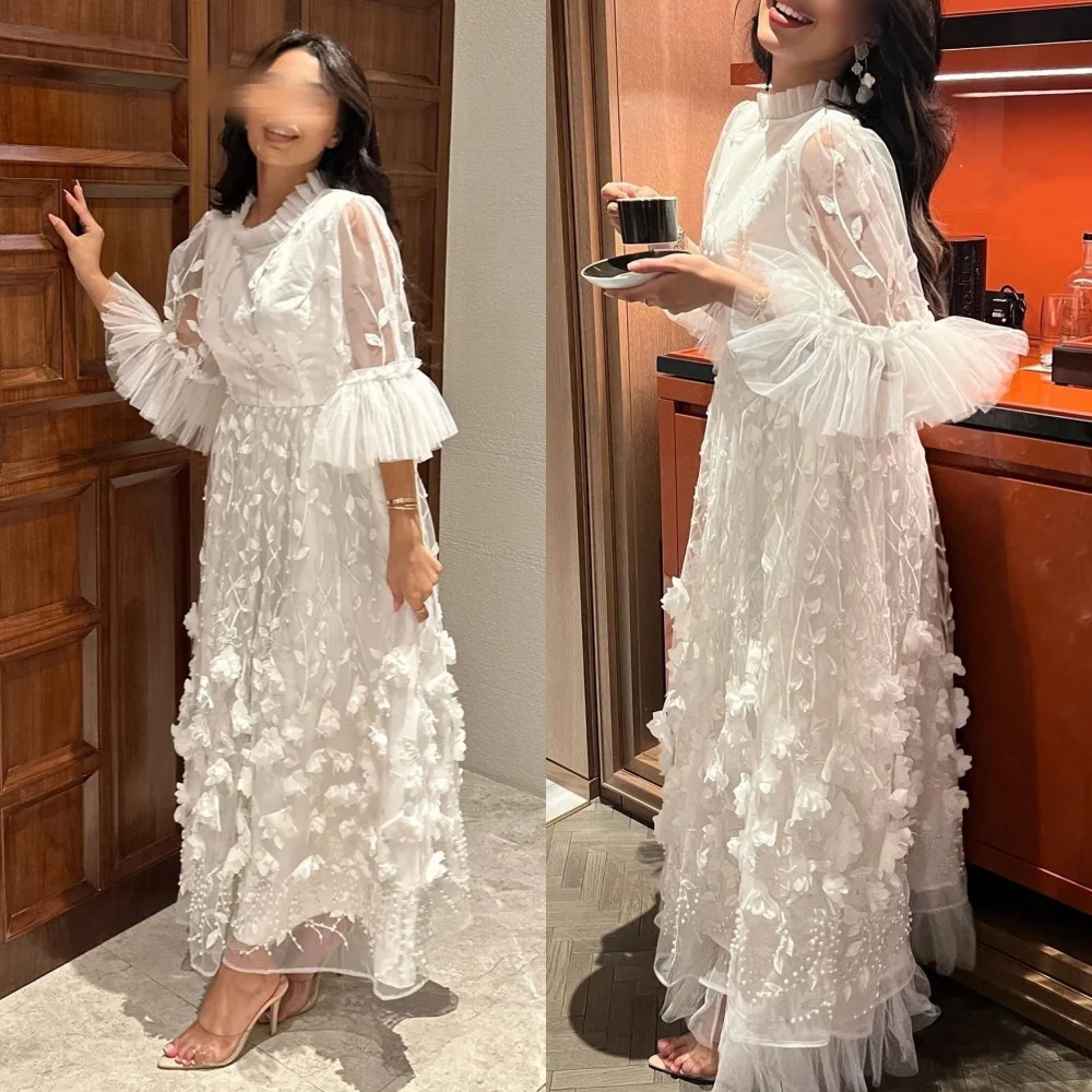 

Elegant High Collar A-line Anke Length Evening Dresses Flower Net/Tulle Formal Occasion Gown black girl es 2023 فسات