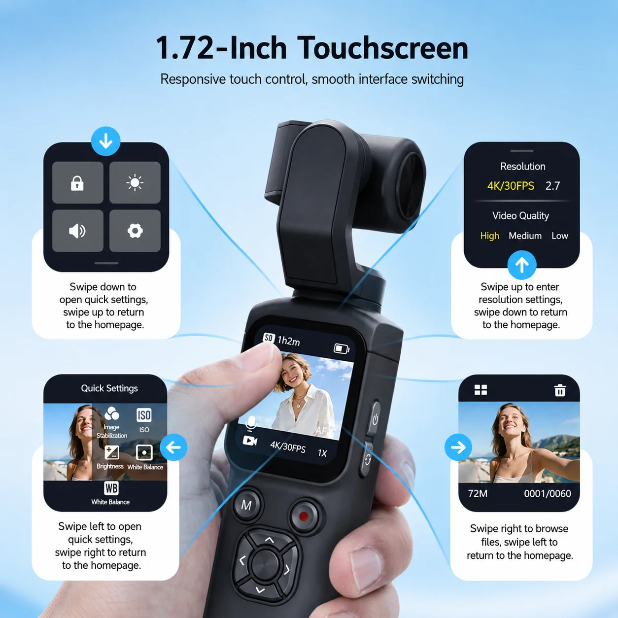 휴대용 4K 30FPS 액션 카메라 75MP 울트라 HD 사진 AI 얼굴 추적 330 ° 회전 렌즈 터치스크린 WiFi 브이로그 짐벌 카메라