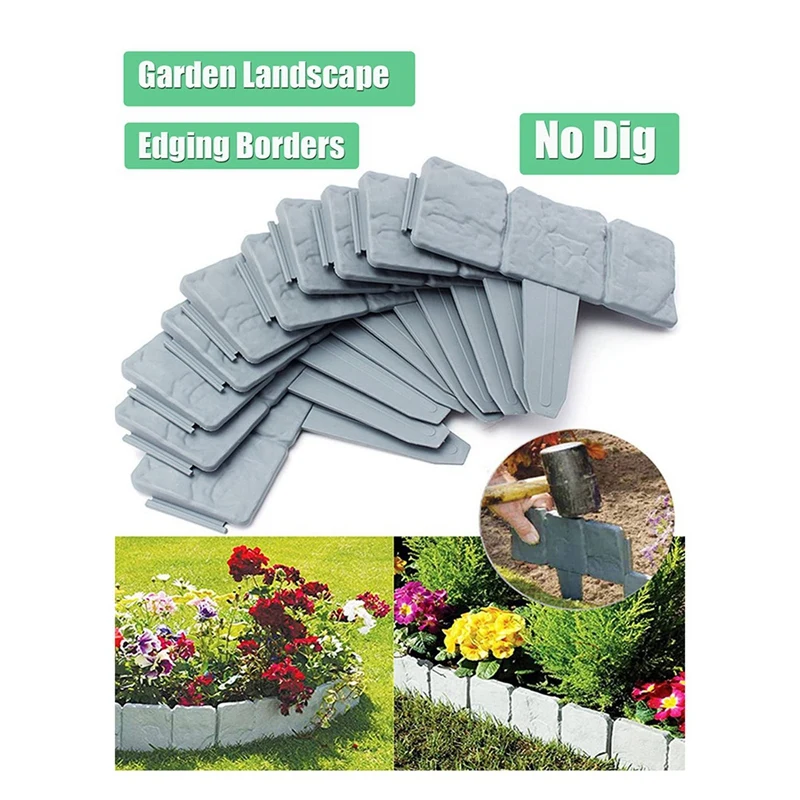 

20Piece Garden Landscape Edging Borders No Dig Grey Plastic For Landscaping,Plastic Fencing Lawn Border