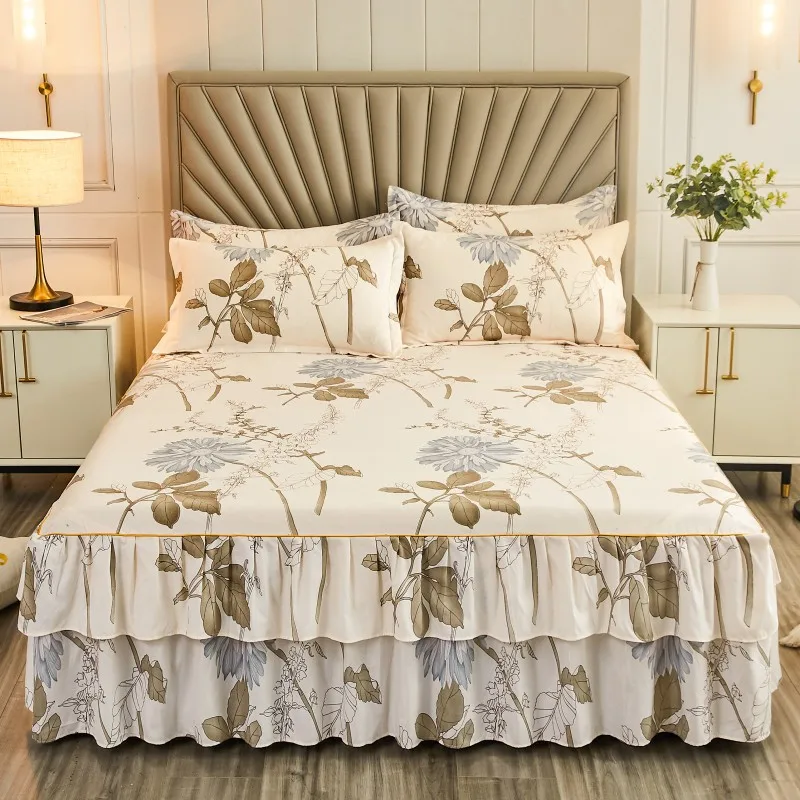 Printed Bed Skirt Non-slip Mattress Cover Protector Soft Skin-Friendly Bed Cover Bedroom Bed Skirt Bedsheet Bedding Decor