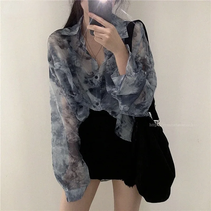 

Shirts Women Fashion Tie Dye Harajuku Gothic Top New Korean Loose Casual Clothes Sun-proof Embroidery All-match Summer Holiday