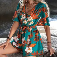 Bohemian Floral Print Short Jumpsuits For Women Summer Short Sleeve Wide Legs One Pieces  Elegant 2024 Beach Wear Casual Outfit - Image 2