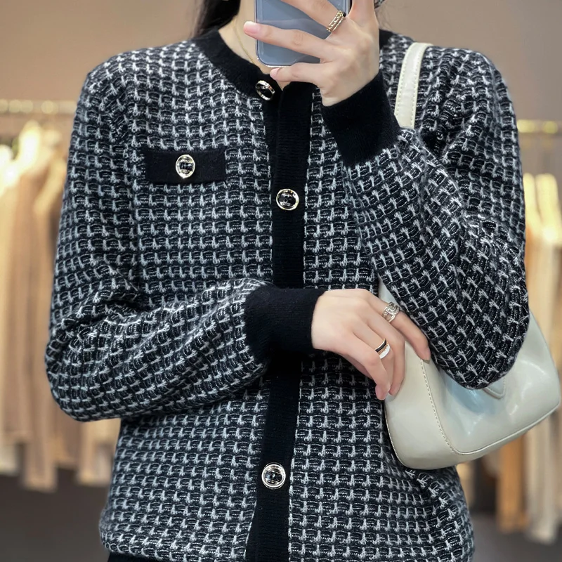 

100% pure wool cardigan women's round neck color matching sweater 2022 autumn and winter casual knitting top Korean fashion coat