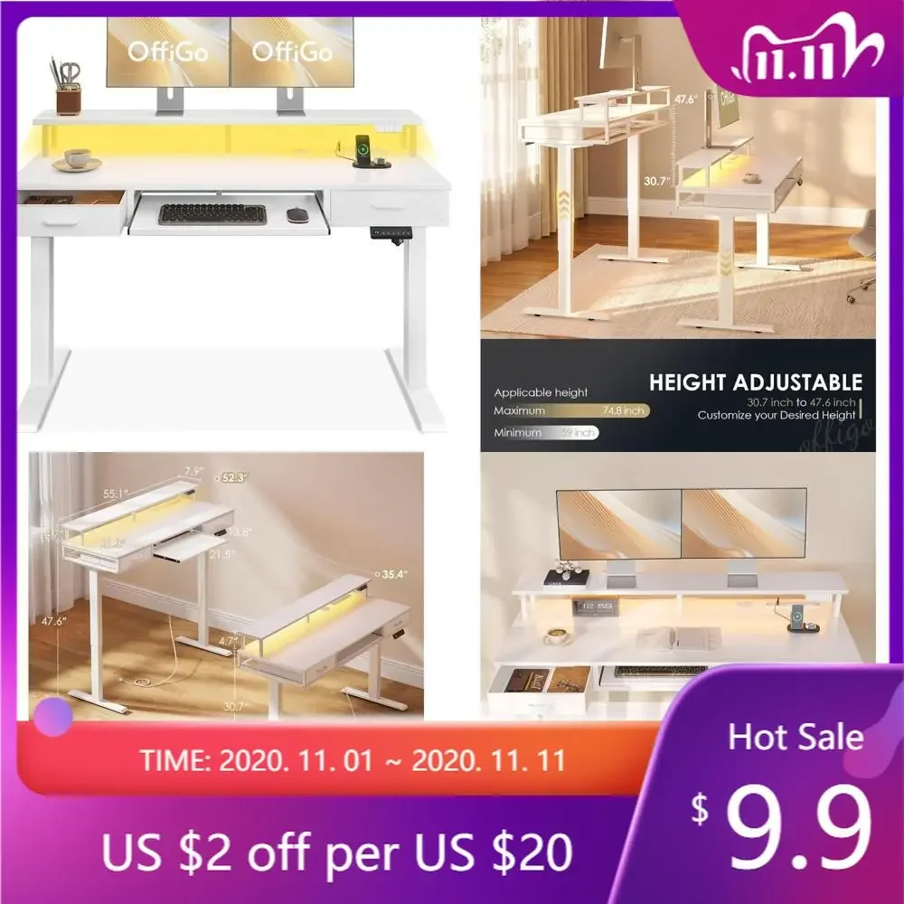 height-adjustable 55" electric desk with storage drawers, keyboard tray, power outlets, and led lighting for sit-stand workstati