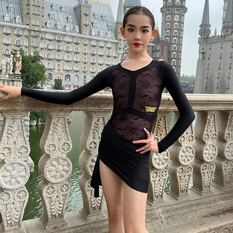 

Girls Black Lace Latin Dance Dress Children Competition Dresses Long Sleeve Rumba Samba Dancewear ChaCha Daning Clothes DL11442