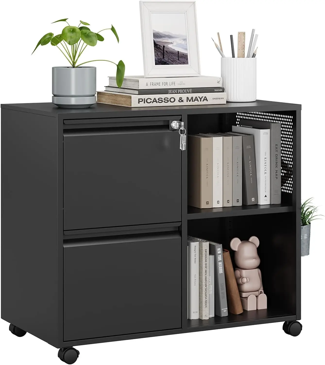 

MIIIKO 2 Drawer File Cabinet on Wheels, Metal Filing Cabinets with Storage Shelves, Home Office Mobile File Cabinet with Lock,