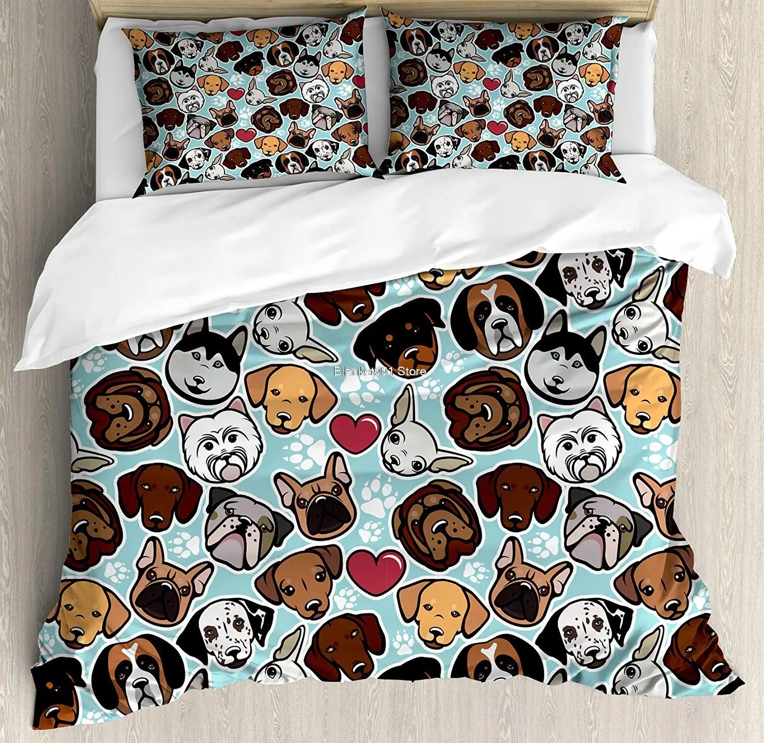 

Dog Lover Duvet Cover Set Canine Breeds Bulldog Chihuahua Siberians and Retriever Love Heart Paw Decorative 3 Piece Bed