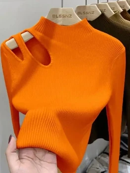 سترة نسائية محبوكة مجوفة لعام 2025 بلوفرات مضلعة للخريف والشتاء سترات نسائية أساسية ذات ياقة مدورة تناسب القمم الدافئة الناعمة 3