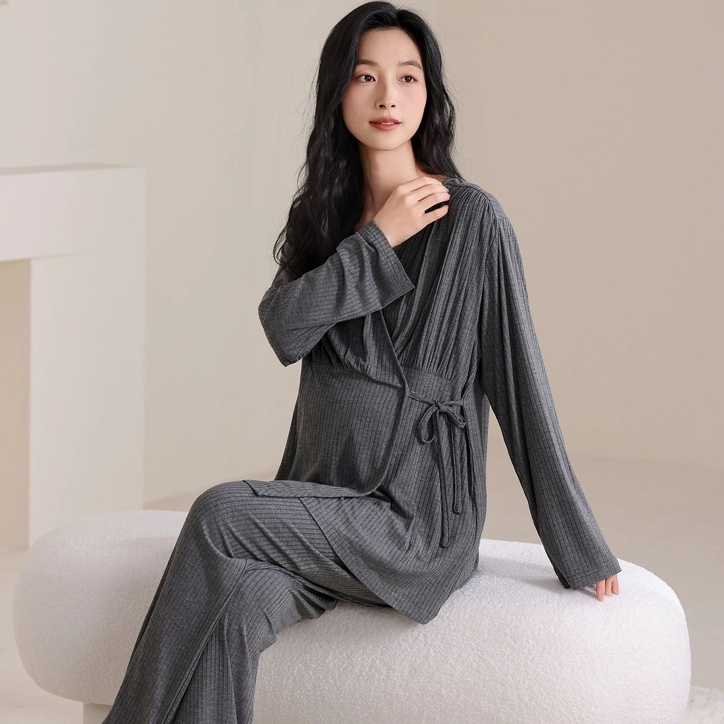 Autumn Maternity 100% Cotton Pajamas Set Breastfeeding Friendly Solid Color Postpartum Woman Nursing Shirts Long Pants Twinset - Image 3