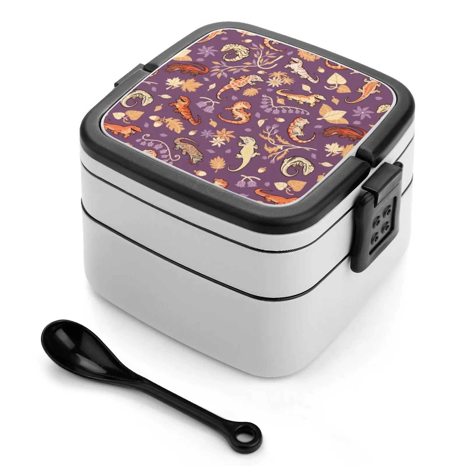 Geckos Autunnali In Viola Bento Box New Student Camping Lunch Dinner Lunch Box Gargoyle Gecko Gecko Rettile Lucertola Pattern