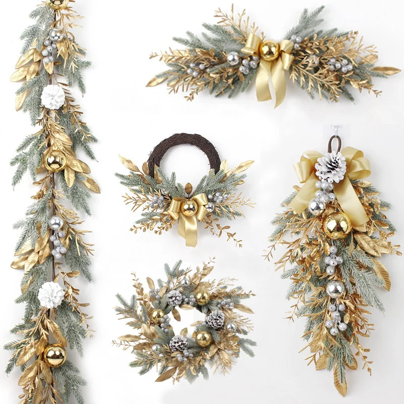 

Рождественский венок для входной двери, искусственный золотой цветок, гирлянда из ротанга, подвесное настенное уличное Рождественское украшение