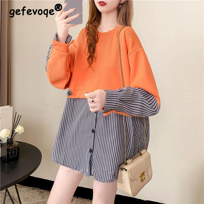 

Spring Autumn Women Korean Style Striped Patchwork Oversized Sweatshirt Student Casual Streetwear Loose Long Sleeve Pullover Top