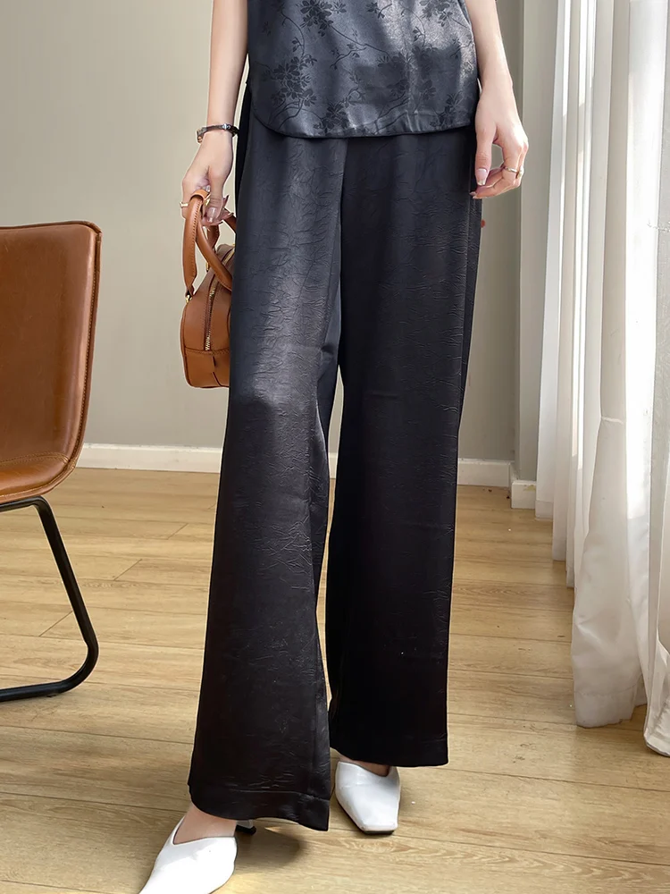 Summer New Acetate Satin High Waist Wide Leg Pants for Women's Loose, Lazy, and Hanging Feeling Casual Western Straight Leg Pant